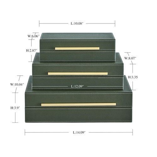 Goodinough Green Shagreen Decorative Boxes with Lids Set of 3 - Large Leather Stacking Storage Boxes for Home Decor, Gold Metal Handle Remote Control Box, Modern Jewelry Box for Shelves, Coffee Table