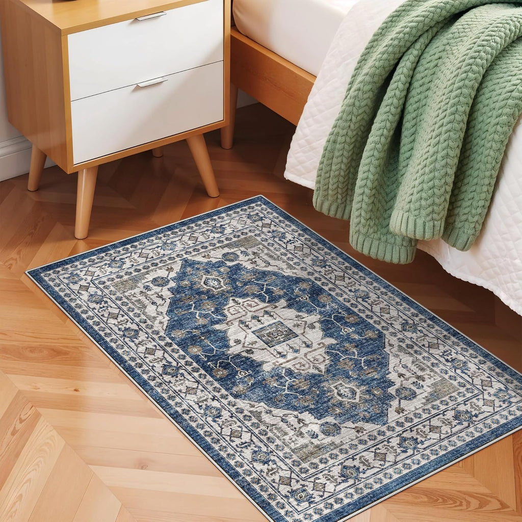 Skiennix Vintage Area Rug - Washable Indoor Soft Entryway Mat with Non-Slip Backing | 2x3, Blue