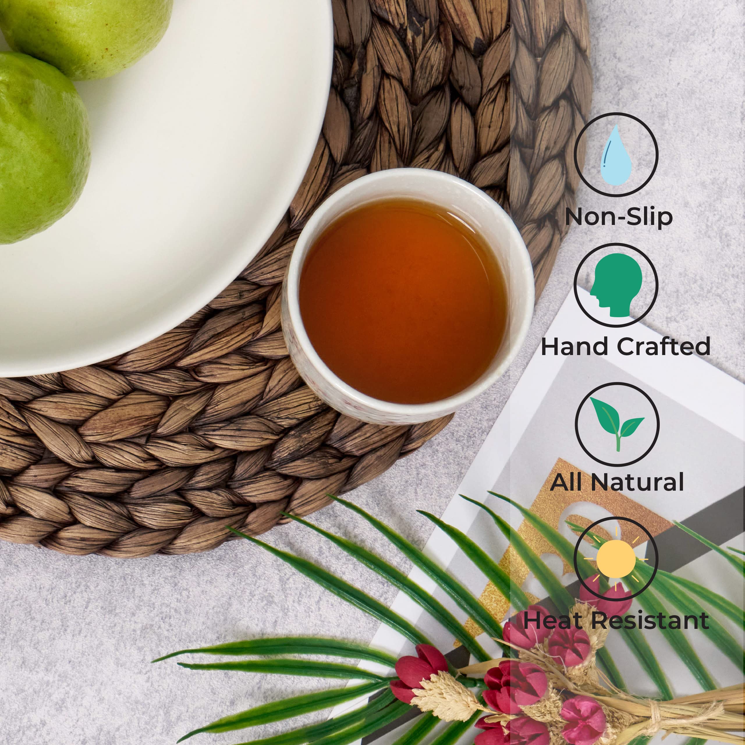 (4 Sizes: 12"-13"-14"-15") BARIEN Rustic Woven Placemats Round Set of 6, Natural Water Hyacinth Weave Placemat for Dining Table, Large Handmade Woven Placemats Heat Resistant Non-Slip (12" - Set of 6)