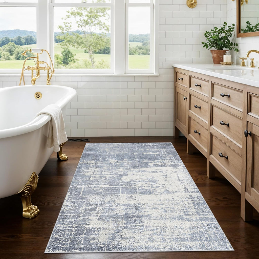Skiennix Washable Kitchen Area Rug - Abstract Stain-Resistant Non-Slip Doormat | 3x4 ft, Blue/Ivory