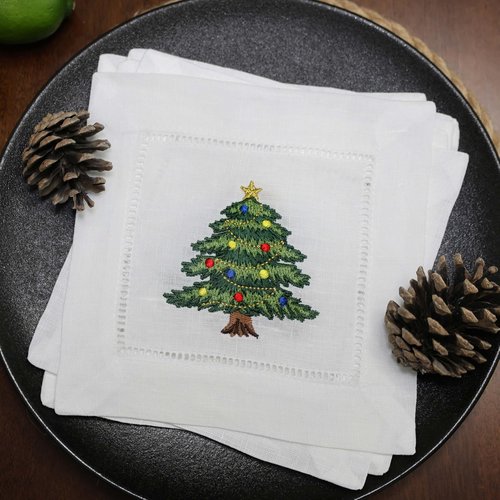 Lauusiusi 100% Linen White Cocktail Napkins Hemstitched with Embroidered Christmas Tree Set of 6 Cloth Beverage Napkin 6"x6" Coasters for Christmas Decoration Dessert Gift Ideas