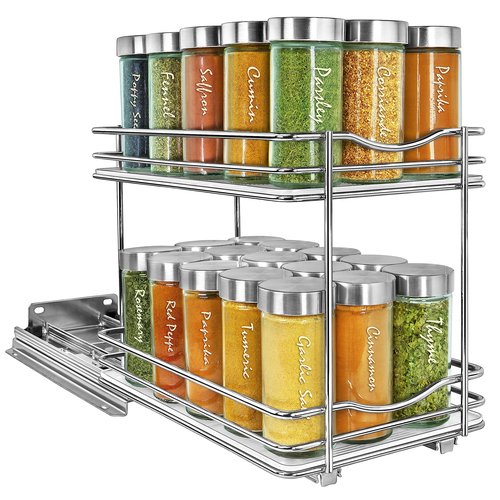 LYNK PROFESSIONAL® Pull Out Spice Rack Organizer for Inside Kitchen Cabinets - 6-3/8 inch Wide - Slide Out Drawer – Chrome Sliding Spice Organization for cabinet - Spice Racks - 2 Tier
