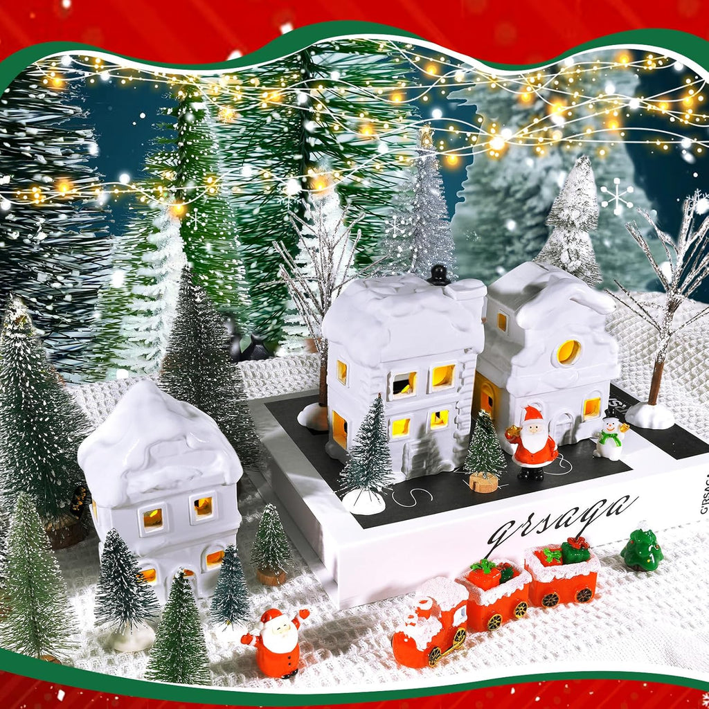 Wowagoga Ceramic Christmas House Village Set - 21 Pcs White Resin Figurines with Light-Up Feature | 4.3 Inch Decor