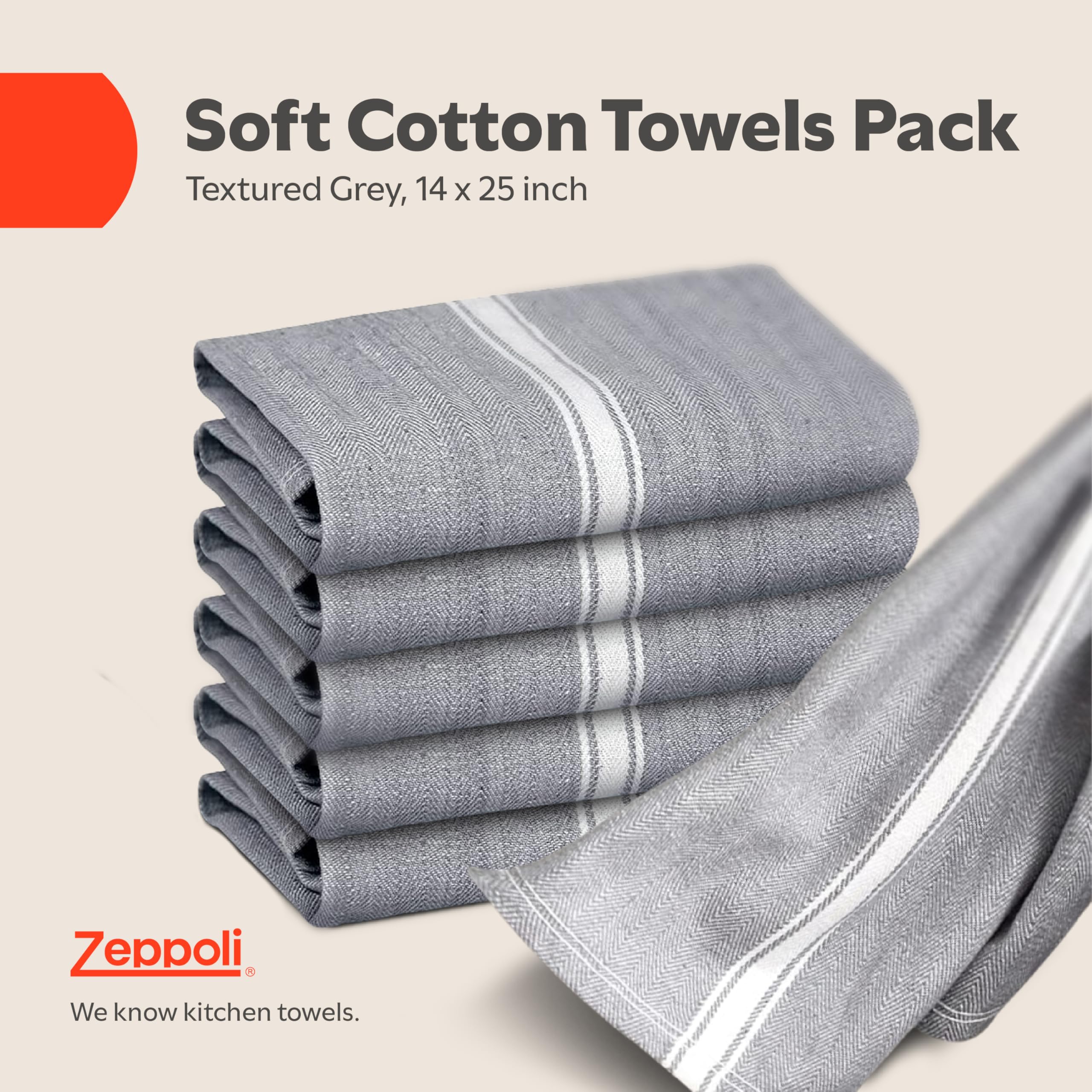 Zeppoli Classic Kitchen Towels - 30 Pack 100% Natural Cotton Towel Set, Reusable Wash Cloths, Absorbent Dish Towels, Machine Washable Hand Towels, Kitchen Essentials - 14” by 25” - Gray Base