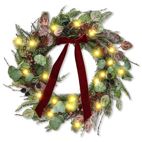 24 Inch Pre-Lit Artificial Christmas Wreath for Front Door Welcome - Realistic Frosted Eucalyptus Black Berries Red Velvet Bow - 50 LED Battery Operated Timer for Indoor Outdoor Modern Farmhouse
