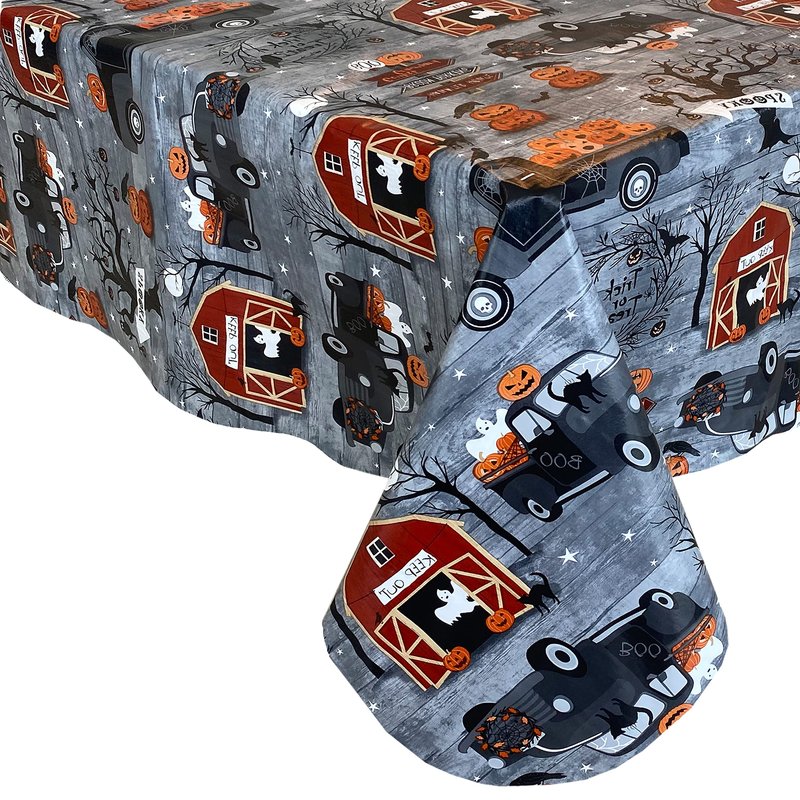 Newbridge 60 x 84 Inch Rectangle Haunted Halloween Rustic Ghost Farm Vinyl Tablecloth with Flannel Backing, Haunted Barn and Pumpkin Truck Farm Scene, Easy Care Wipe Clean Table Cover