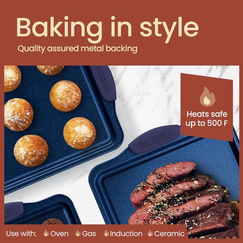 BAKKEN Kitchen Baking Pan Set - Nonstick Coating, Carbon Steel Bakeware Sets with Blue Silicone Handles, Baking Kitchen Essentials, PFOA, PFOS, PTFE Free, Oven Safe Tray (Up To 450° F), Set of 3