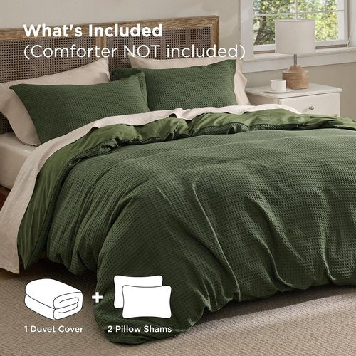 Bedsure Luxury Waffle Duvet Cover - Soft Olive Green Queen Size Bedding Set with 2 Pillow Shams (90"x90")