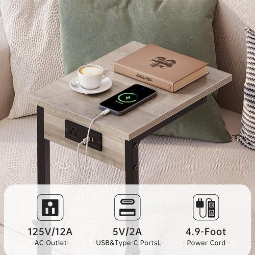 Vagusicc C Shaped End Table with Charging Station, Adjustable Height Side Table for Couch, C Table End Table Couch Table That Slide Under, Sofa Table TV Tray Arm Tables for Living Room, Bedroom, Gray