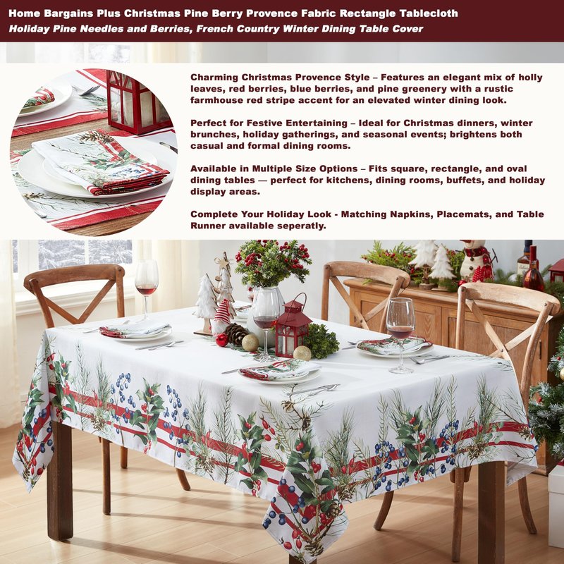Home Bargains Plus Pine Berry Provence Christmas Fabric Tablecloth, 70 Inch Round, Holiday Pine Needles and Berries, French Country Winter Dining Table Cover