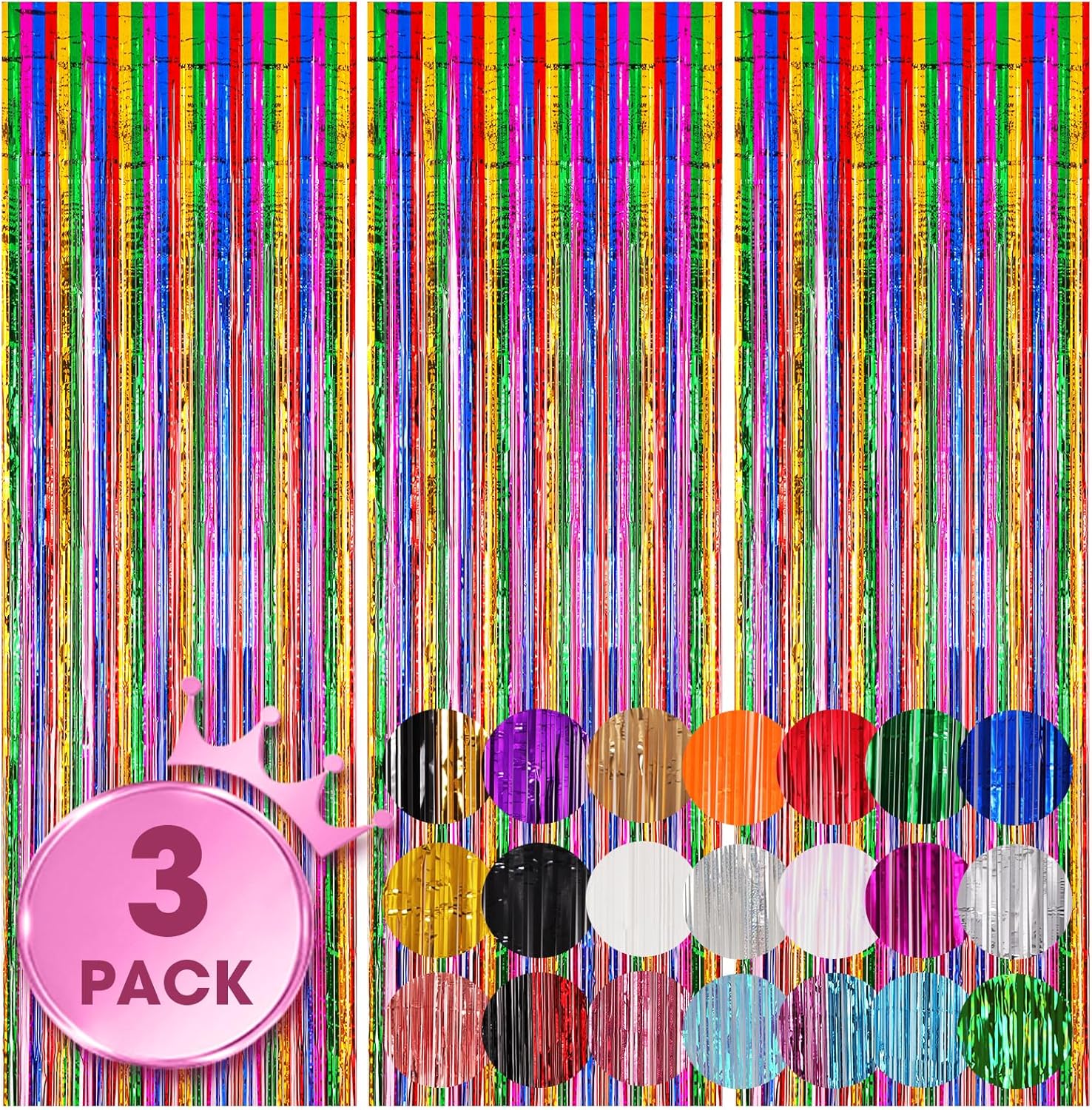 Voircoloria Rainbow Foil Fringe Backdrop Curtains - 3 Pack Tinsel Streamers for Parties | 3.3x8.2 Feet