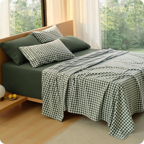 Bedsure 100% Washed Cotton Percale Sheets - Soft Gingham Queen Set with 18" Deep Pockets (Olive Green)