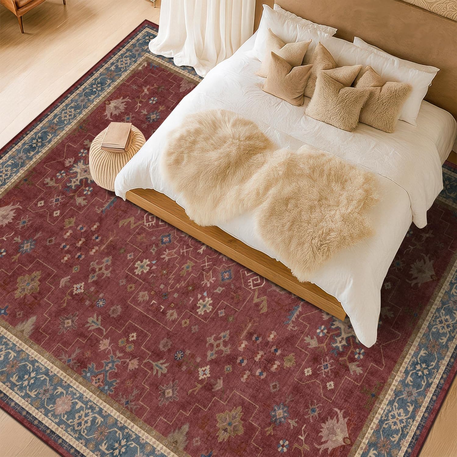 Regine Switzerland Vintage Burgundy 7x9 Dining Room Rug - Lightweight, Washable Boho Carpet for Aesthetic Living Spaces