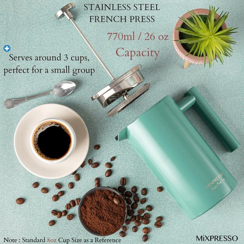 Mixpresso Green Stainless Steel French Press Coffee Maker 26 Oz 770 Ml, Double Wall Insulated French Press Stainless Steel, Easy Clean Tea Brewer, Easy Press Durable Metal Coffee Press