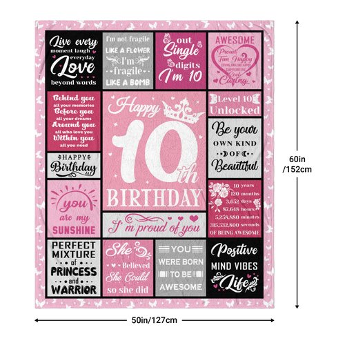 Hocgiwd 10 Year Old Girl Birthday Gifts, Gifts for 10 Year Old Girls,10th Birthday Gift for Girls, 10th Birthday Decorations for Girl Blanket 60x50in