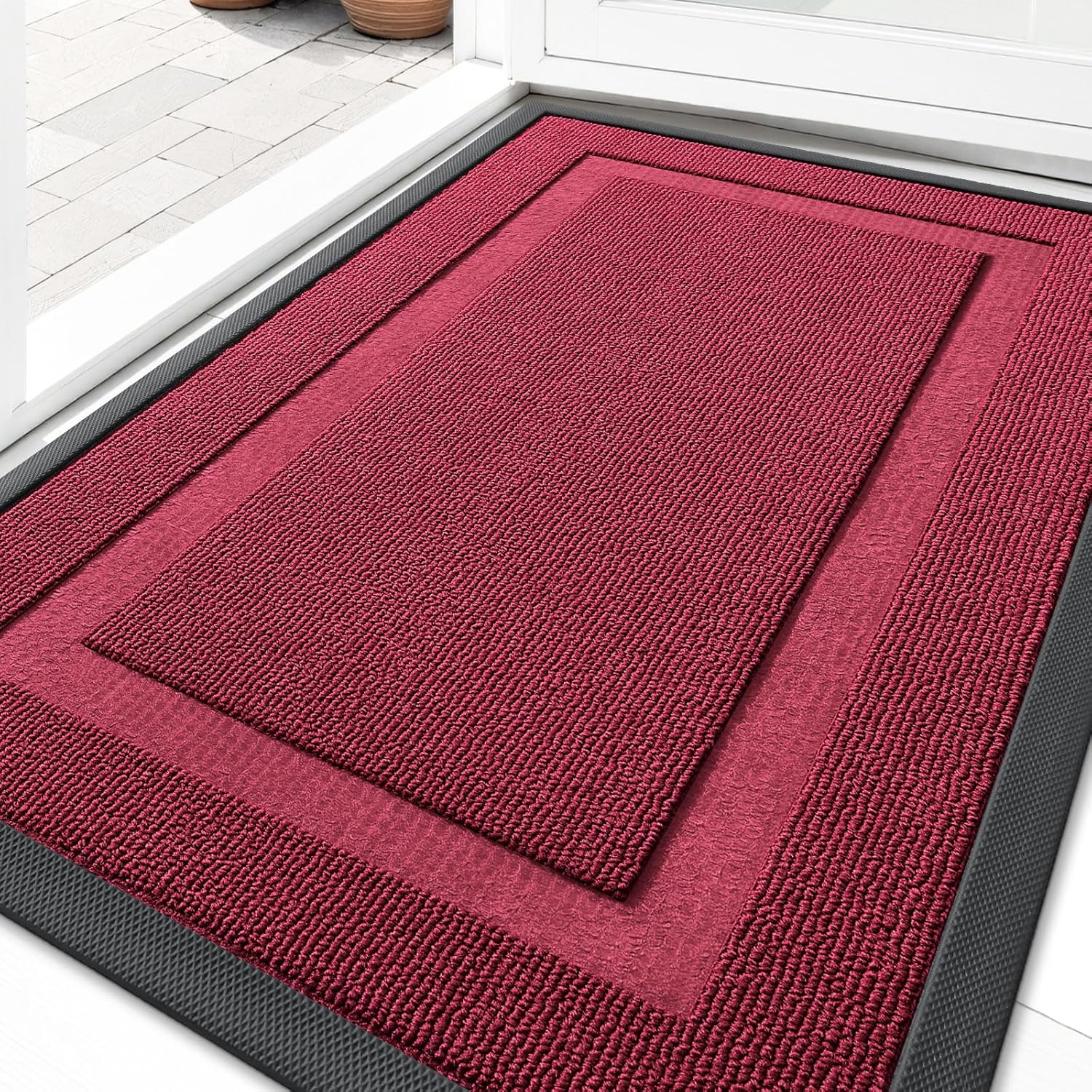 OLANLY Indoor Outdoor Front Door Mat - Waterproof All-Season Doormat, Easy Clean, 29.5x17, Burgundy
