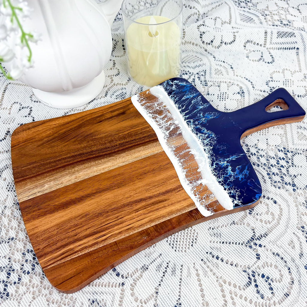 Charcuterie Boards with Resin Cheese Knives, Blue Wood Resin Cheese Platter - Cheese Tray with Cheese Utensils, Fruit Tray, and 4 Cheese Knives House Warming Gifts New Home, Wedding Gift for Couple