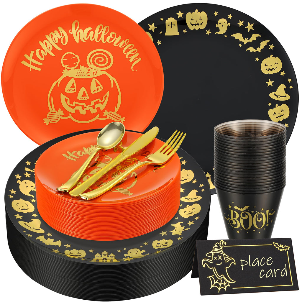 ISFANGCO 175Pcs Halloween Plastic Spoof Dinnerware Set for 25 Guests, 25 Black Plastic Dinner Plates, 25 Pumpkin Orange Dessert Plates, 25 Gold Boo Black Cups, 25 Gold Silverware Set and Cards