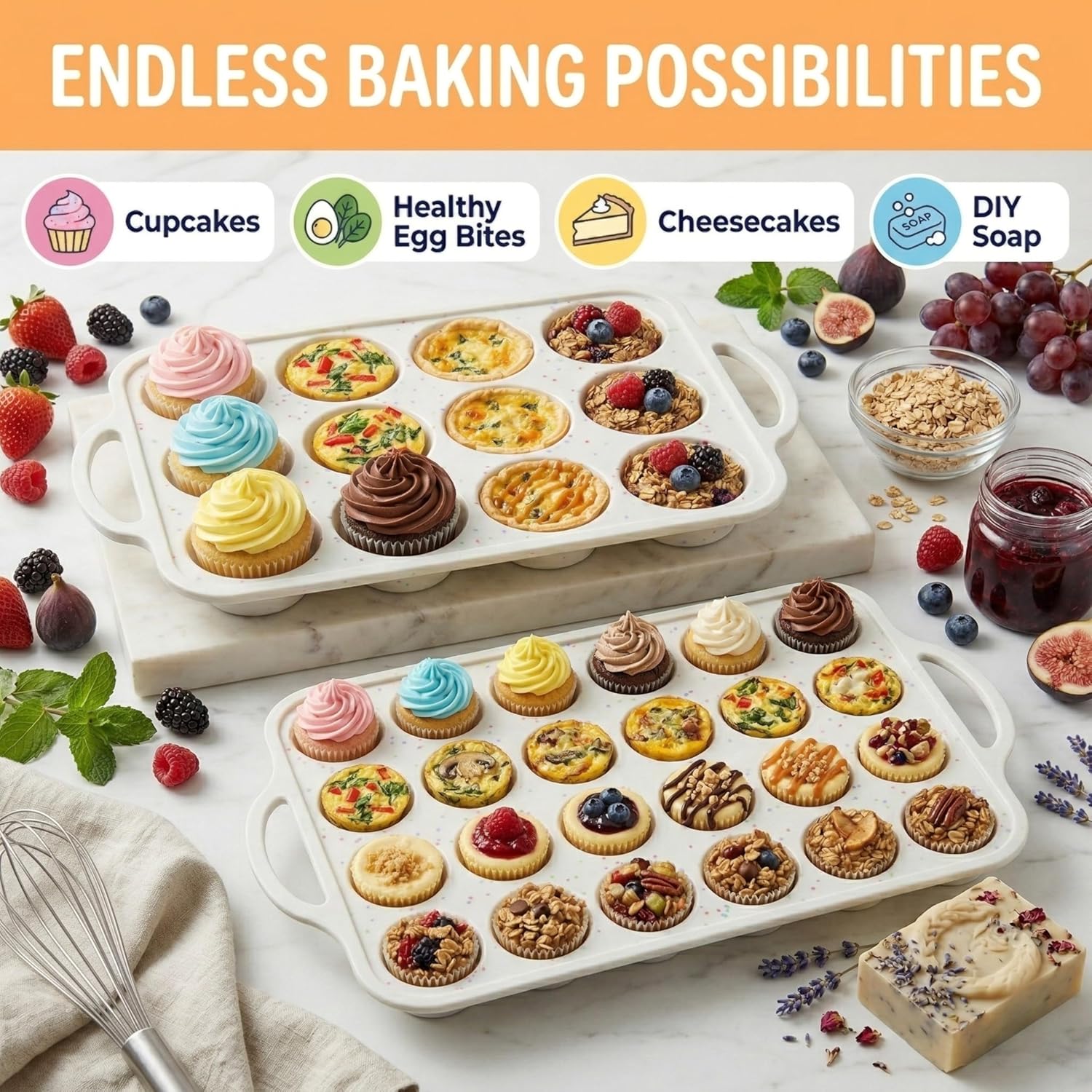 Skiennix Silicone Muffin Pan Set - 2-Pack Regular 12 Cup & Mini 24-Cup - Nonstick, BPA-Free, Dishwasher-Safe, Cream