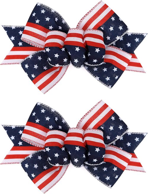 Meseey Christmas Burlap Bow Set - Handmade Decorative Wreath & Tree Ornaments (Large, Patriotic)