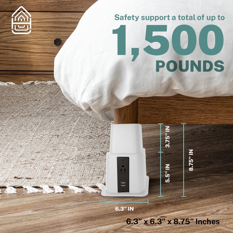 Home Intuition Heavy Duty Adjustable Bed Risers Furniture Riser 3, 5 or 8-Inch, 4 Pack (White W/USB)