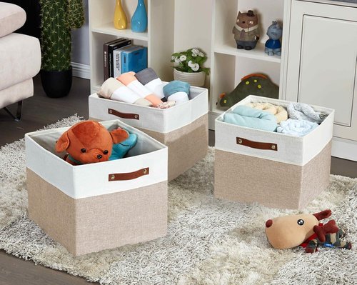 DECOMOMO Kallax Storage Cubes - 13x15x13 Stylish Bins for Shelf Organization | Beige & White, 3-Pack