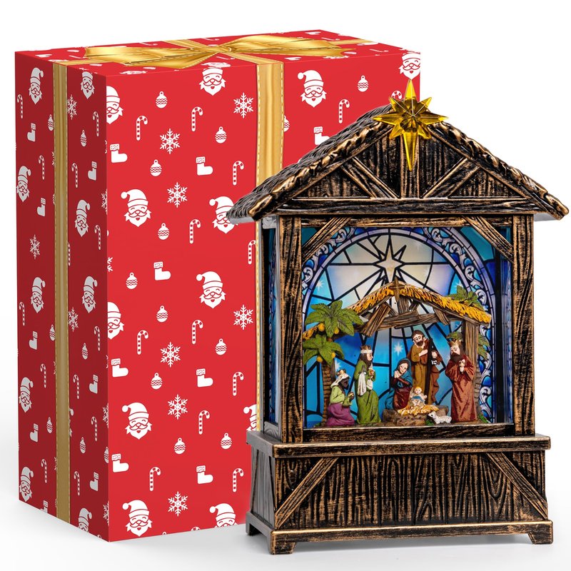 Nativity with Star Musical Lighted Water Creche with Swirling Glitter, Christmas Snow Globe Nativity Manger for Xmas with Music, Holiday Decorations Gifts for Family, Children or Friends