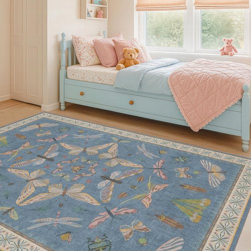 Blue Washable Kids Playroom Rug - Super Soft 5x7 Area Rug for Nursery & Toddler Room Decor
