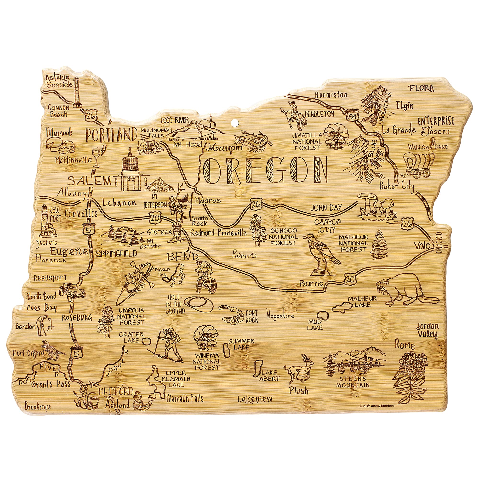 Totally Bamboo Destination Oregon Shaped Cutting Board – Bamboo Charcuterie and Serving Board with Hang Tie for Wall Display