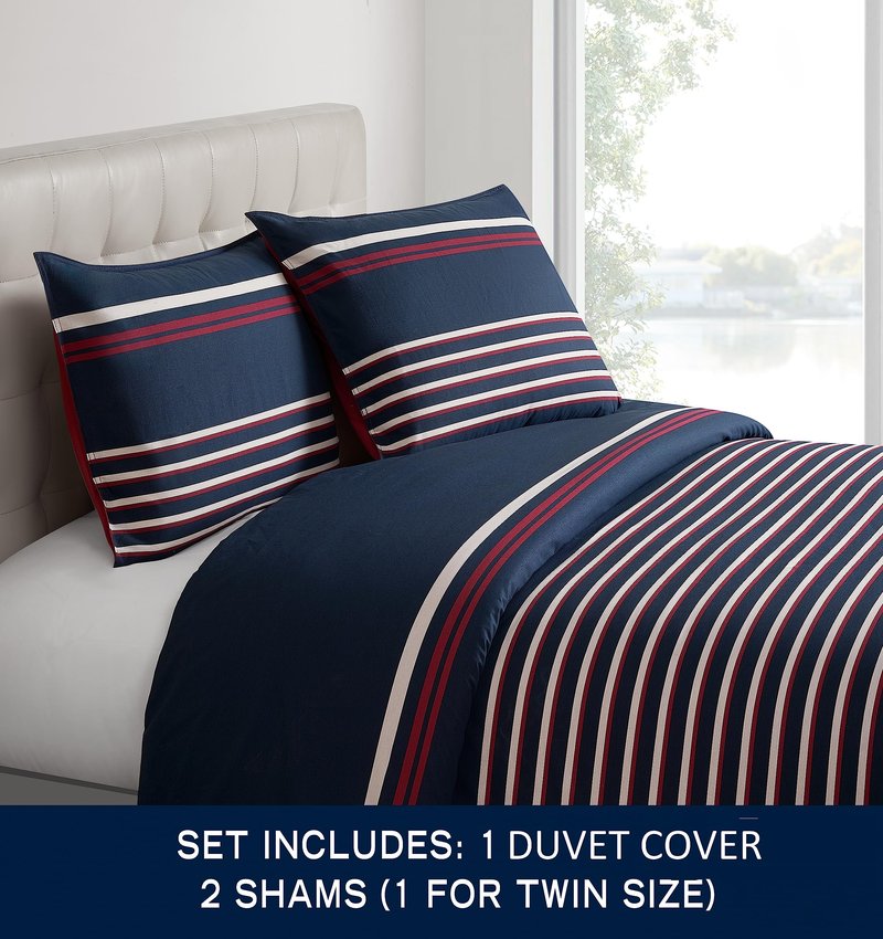 Nautica - Queen Duvet Cover Set, Cotton Reversible Bedding with Matching Shams, Medium Weight for All Seasons (Mineola Navy, Queen)