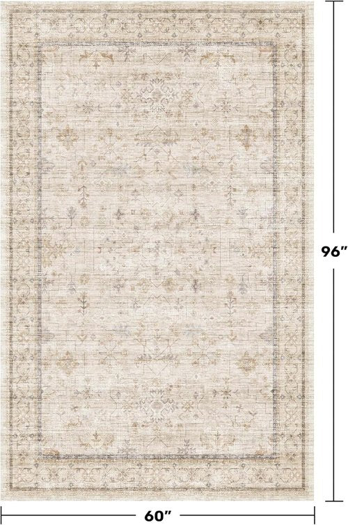 Hazo Haus Ivory Area Rug - Washable Non-Slip 5x8 for Bedroom & Home Office | Soft Low Pile Farmhouse Décor