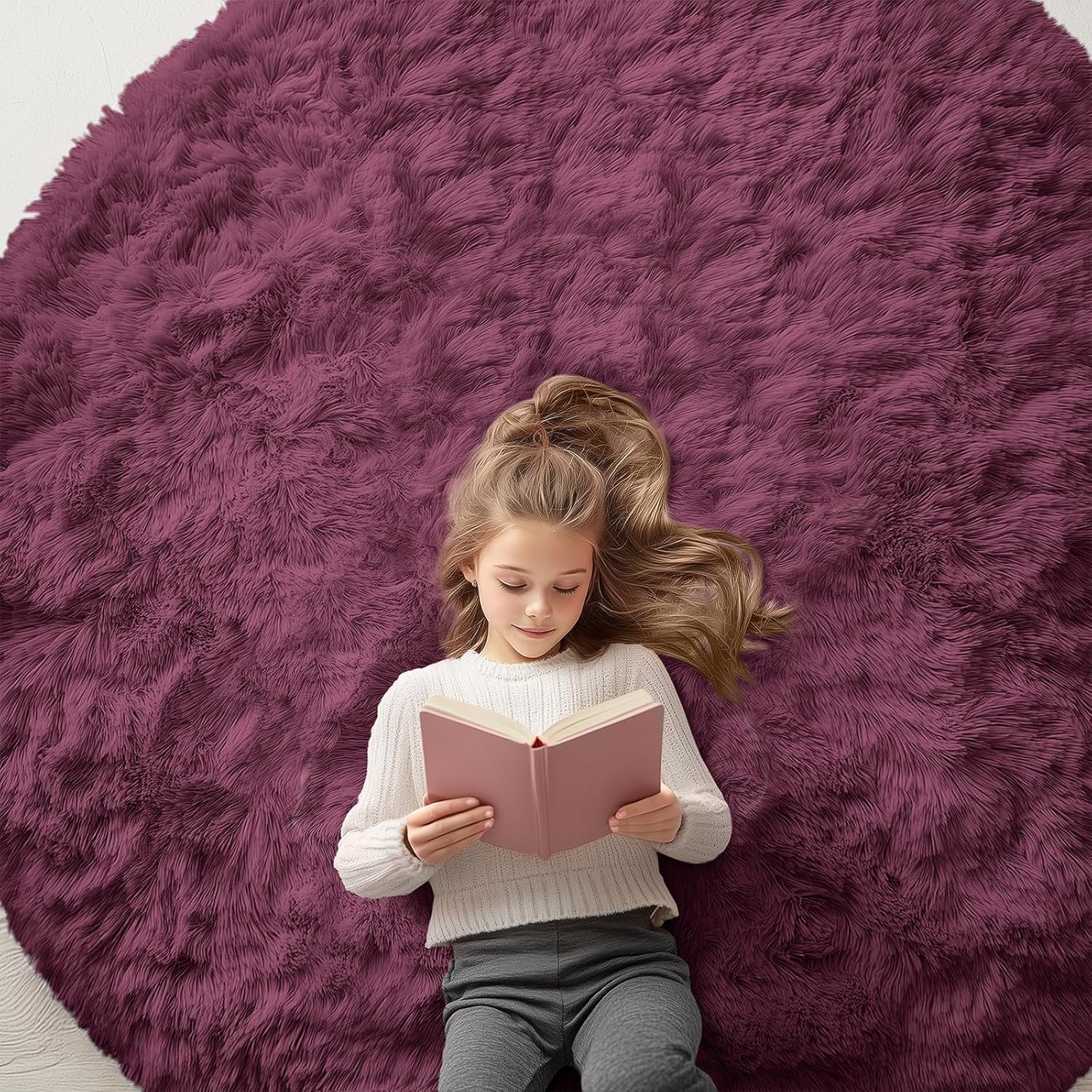 OLANLY Round Burgundy Area Rug - Soft, Machine Washable 6 ft Shaggy Carpet for Bedroom & Living Room Decor