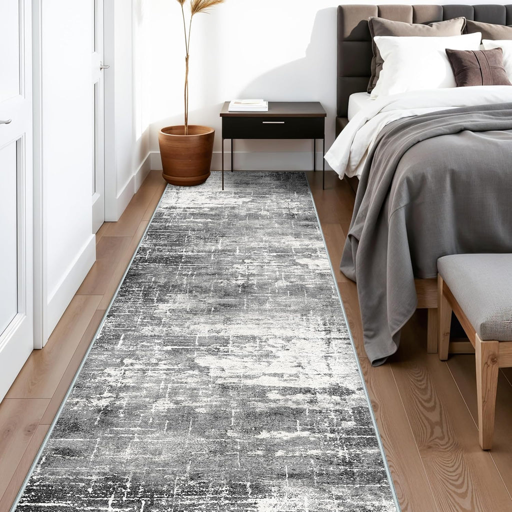 Skiennix 12ft Abstract Kitchen Area Rug - Soft Non-Slip Runner for Living Room & Bathroom | Stain Resistant (2'6"x12', Black/Grey)