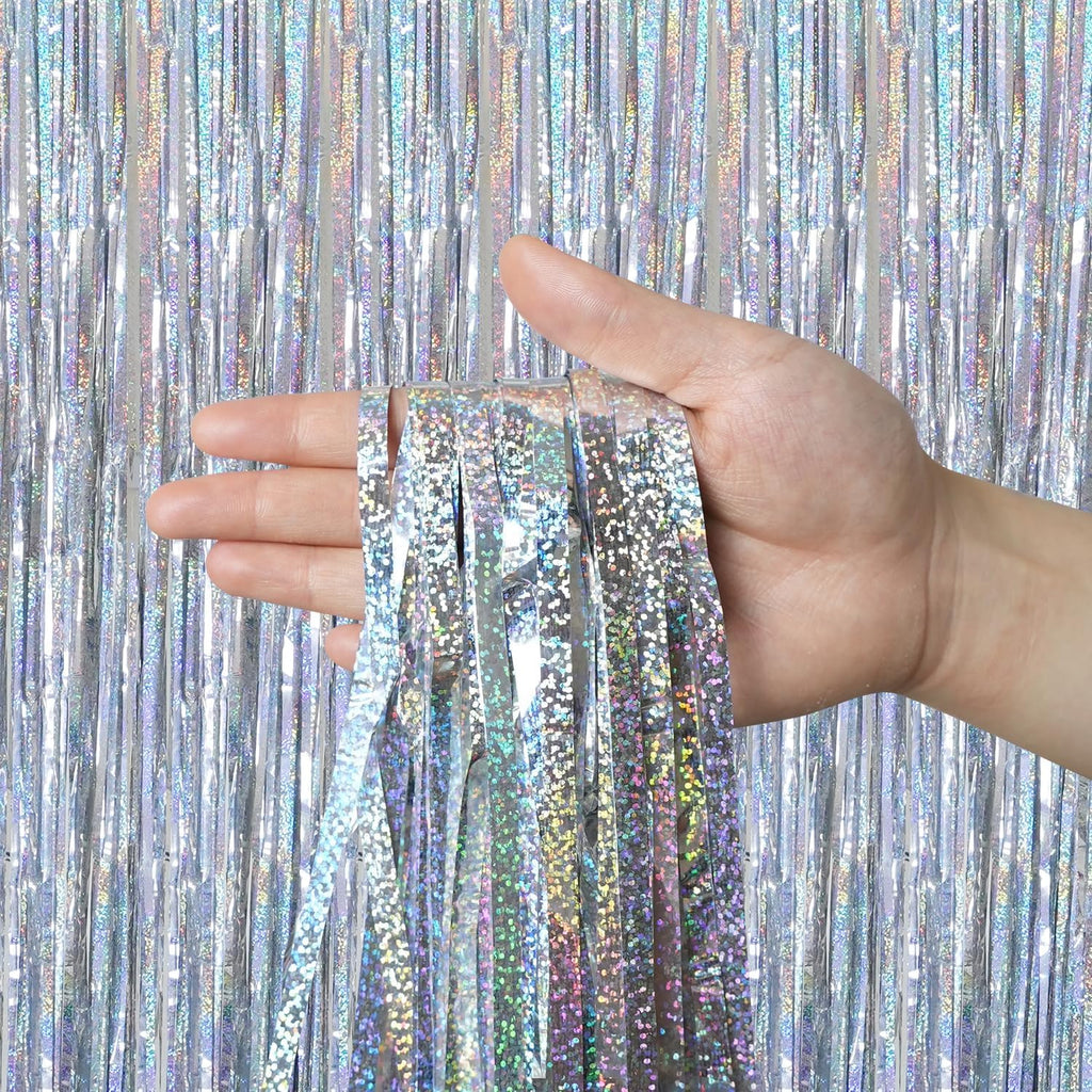 QRabbit Foil Curtain Backdrop - Silver Metallic Tinsel Fringe for Parties | 4 Pack for Birthdays & Weddings
