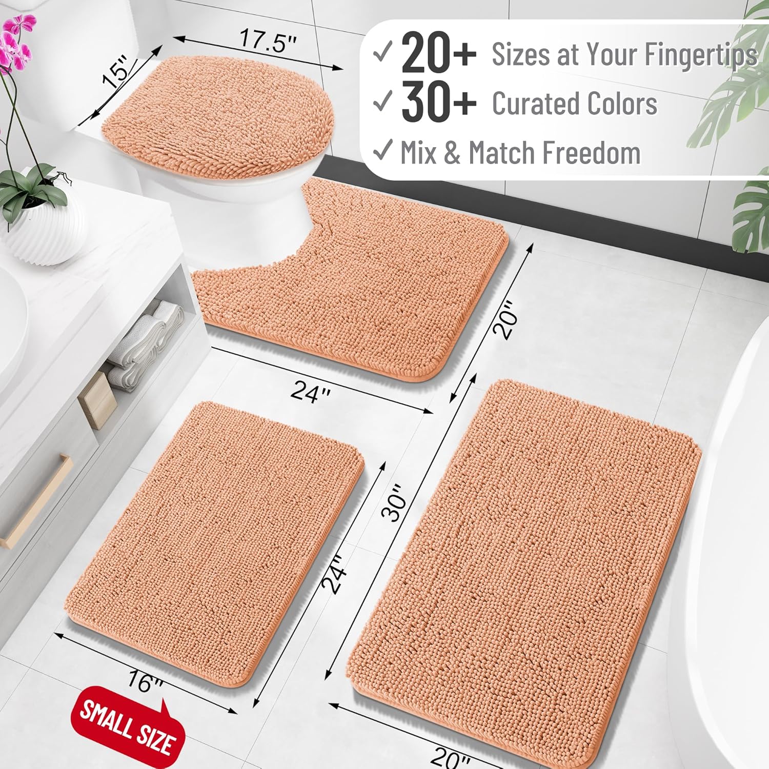 OLANLY Bath Rugs - Extra Soft Chenille with Rubber Backing | Quick Dry, Machine Washable, 24x16, Peach