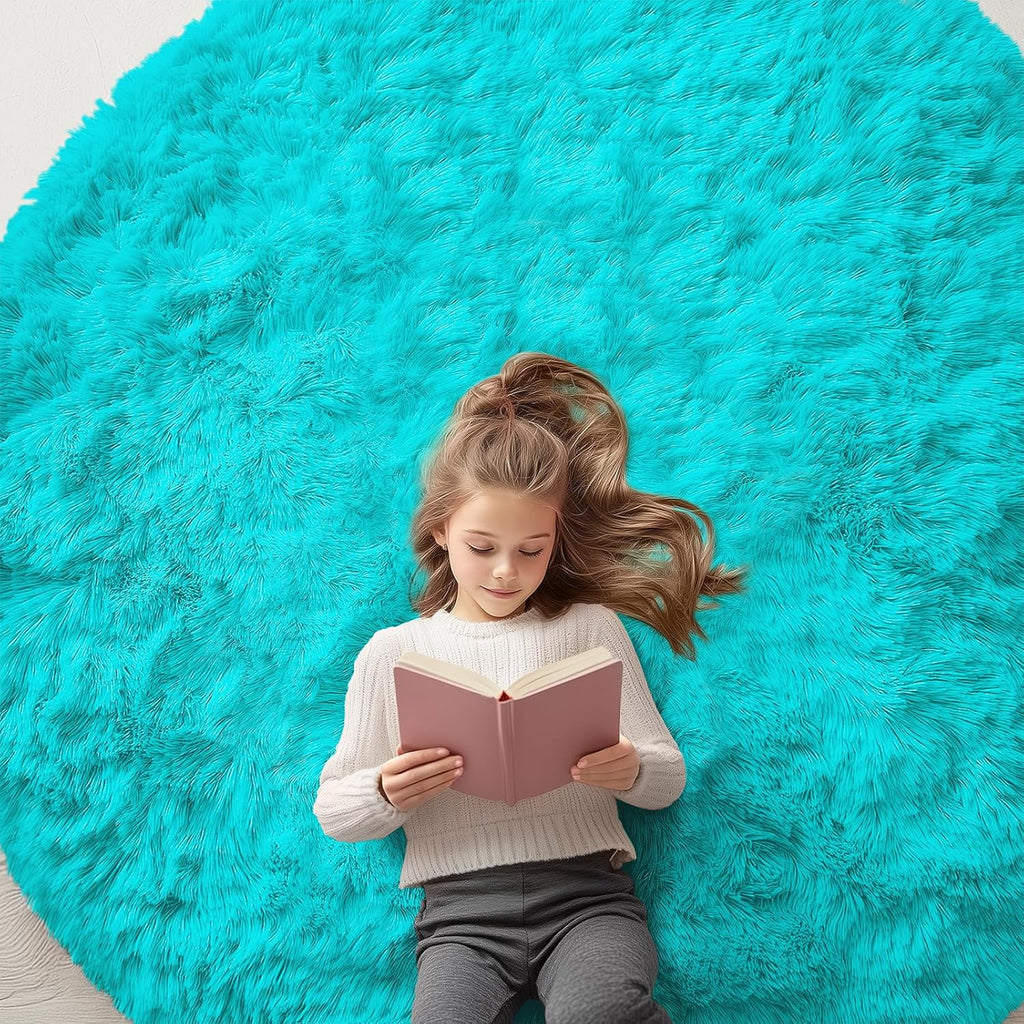 OLANLY Teal Blue Round Rug - Soft, Fluffy, Machine Washable 6 ft Circle Area Rug for Bedroom & Living Room Decor