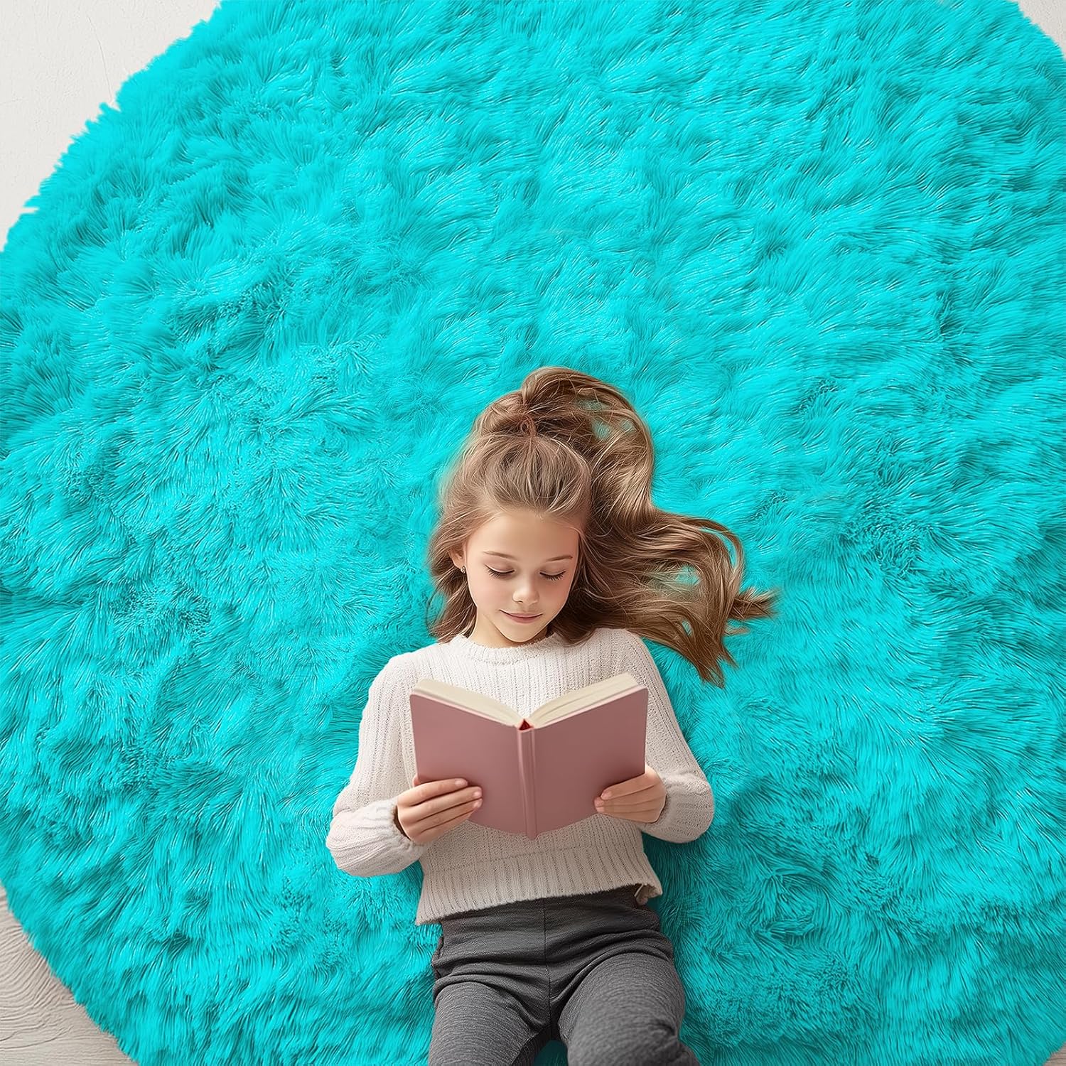OLANLY Teal Blue Round Rug - Soft, Fluffy, Machine Washable 6 ft Circle Area Rug for Bedroom & Living Room Decor