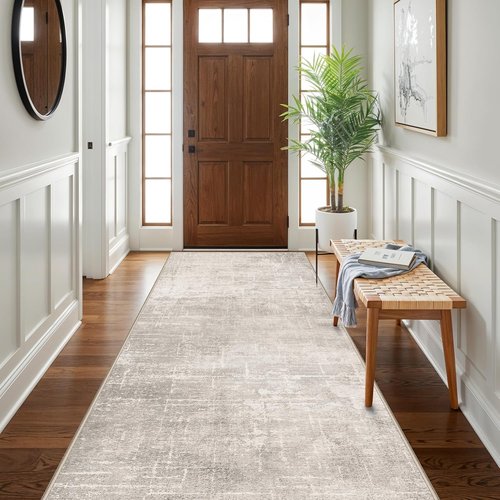 **Regine Switzerland Washable Runner Rug - Stain Resistant Abstract Design | 4x10 Beige/Cream for Kitchen & Entryway**