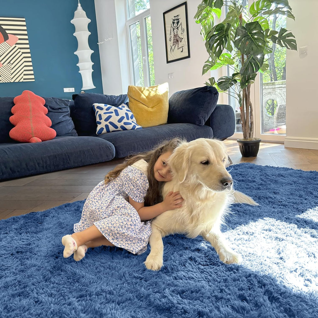 OLANLY 3x5 Soft Fluffy Shaggy Bedside Rug - Machine Washable Indoor Carpet for Kids & Nursery | Blue