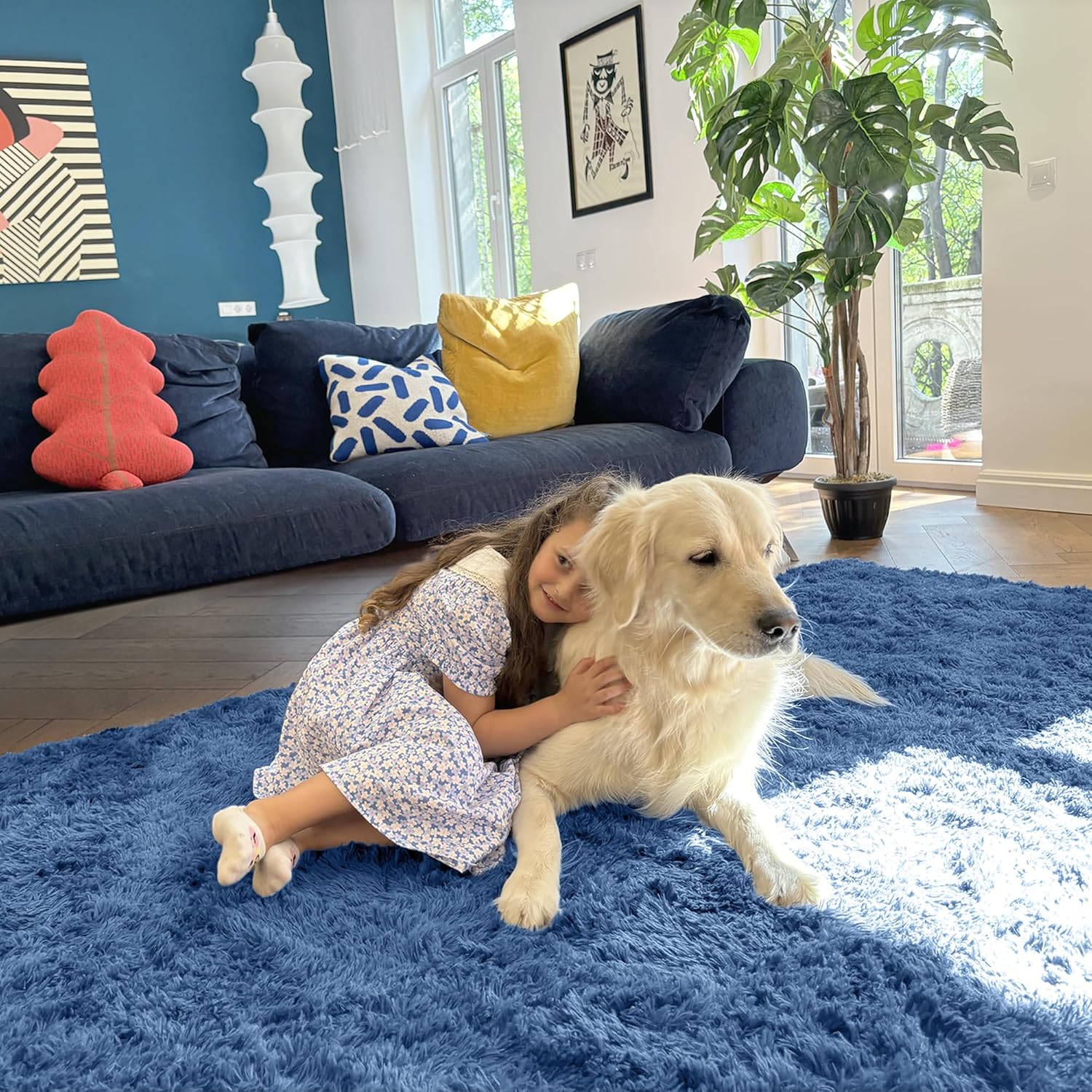 OLANLY 3x5 Soft Fluffy Shaggy Bedside Rug - Machine Washable Indoor Carpet for Kids & Nursery | Blue