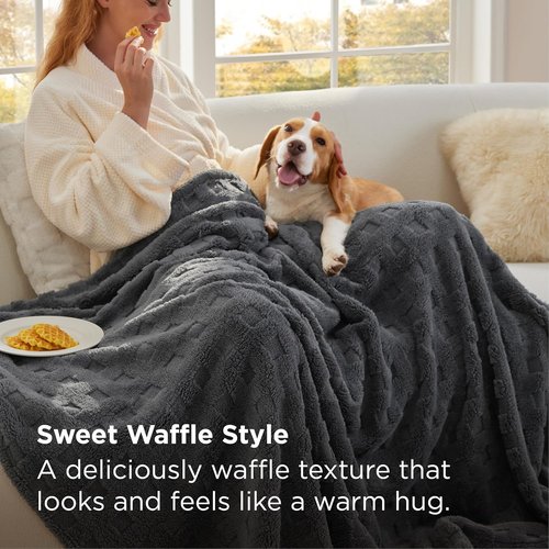 Bedsure Waffle Throw Blanket - Dark Grey Cozy Fluffy Fleece for Couch & Sofa Decor | 50x60 Inches