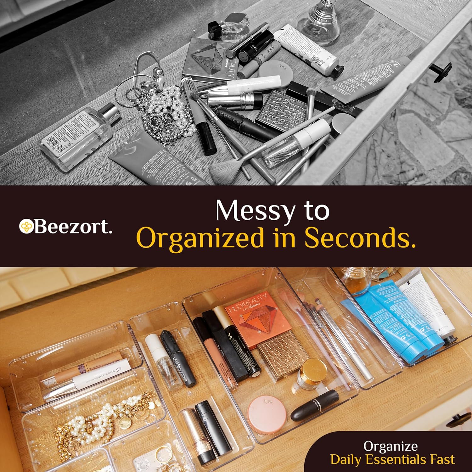 Skiennix 40 PCS Clear Drawer Organizer Set - BPA-Free Plastic Trays with Non-Slip Pads for Kitchen, Bathroom & Office