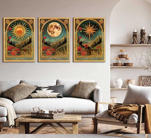 3 Pcs Tarot Canvas Wall Art Sun Moon and Star Mystical Astrology Celestial Paintings Pictures Wall Decor Poster Print Artwork for Bedroom Living Room Dorm Home Decoration