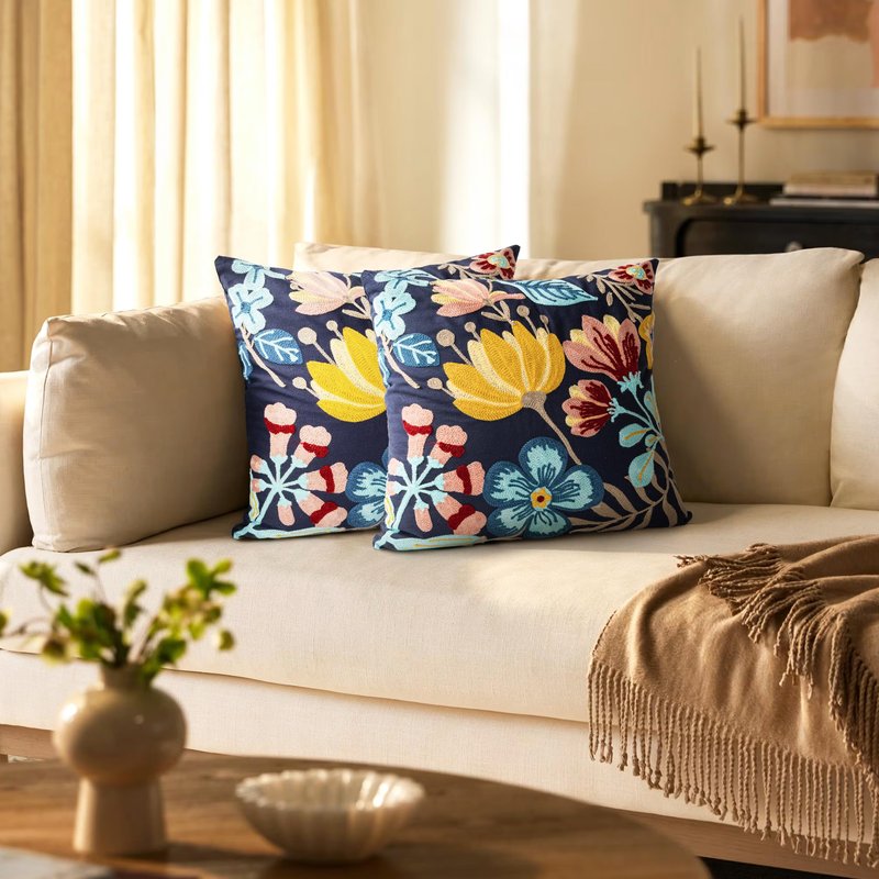 AELS Embroidered Throw Pillow Covers 18"x18" Set of 2, Boho Chic Modern Farmhouse Floral Cotton Cushion Covers for Couch, Sofa, Bed, and Living Room Decor – Blue Yellow Flower