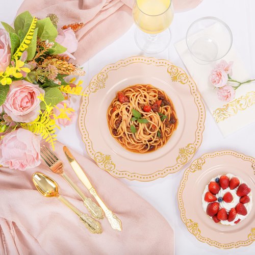 Ciaell 175 PCS Pink and Gold Plastic Plates - Fancy Gold Disposable Dinnerware Set with of 50 Plates, 25 Knives, 25 Forks, 25 Spoons, 25 Cups, 25 Napkins for Party & Weddings & Easter