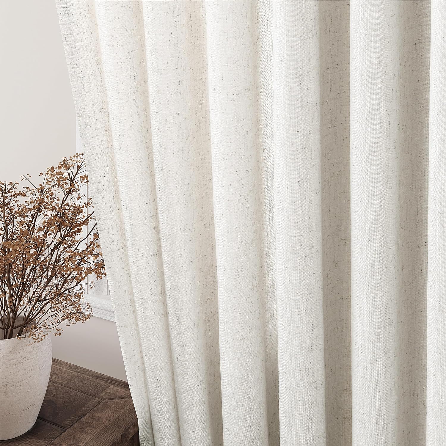 Skiennix Cream Linen Back Tab Curtains - 84 Inch Length | Semi-Sheer 2 Panel Set in Natural Ivory for Modern Farmhouse Decor