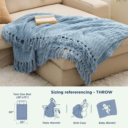 Bedsure Blue Throw Blanket - Super Soft Textured Chunky Knit Chenille | Warm Decorative Boho Design, 50x60 Inches