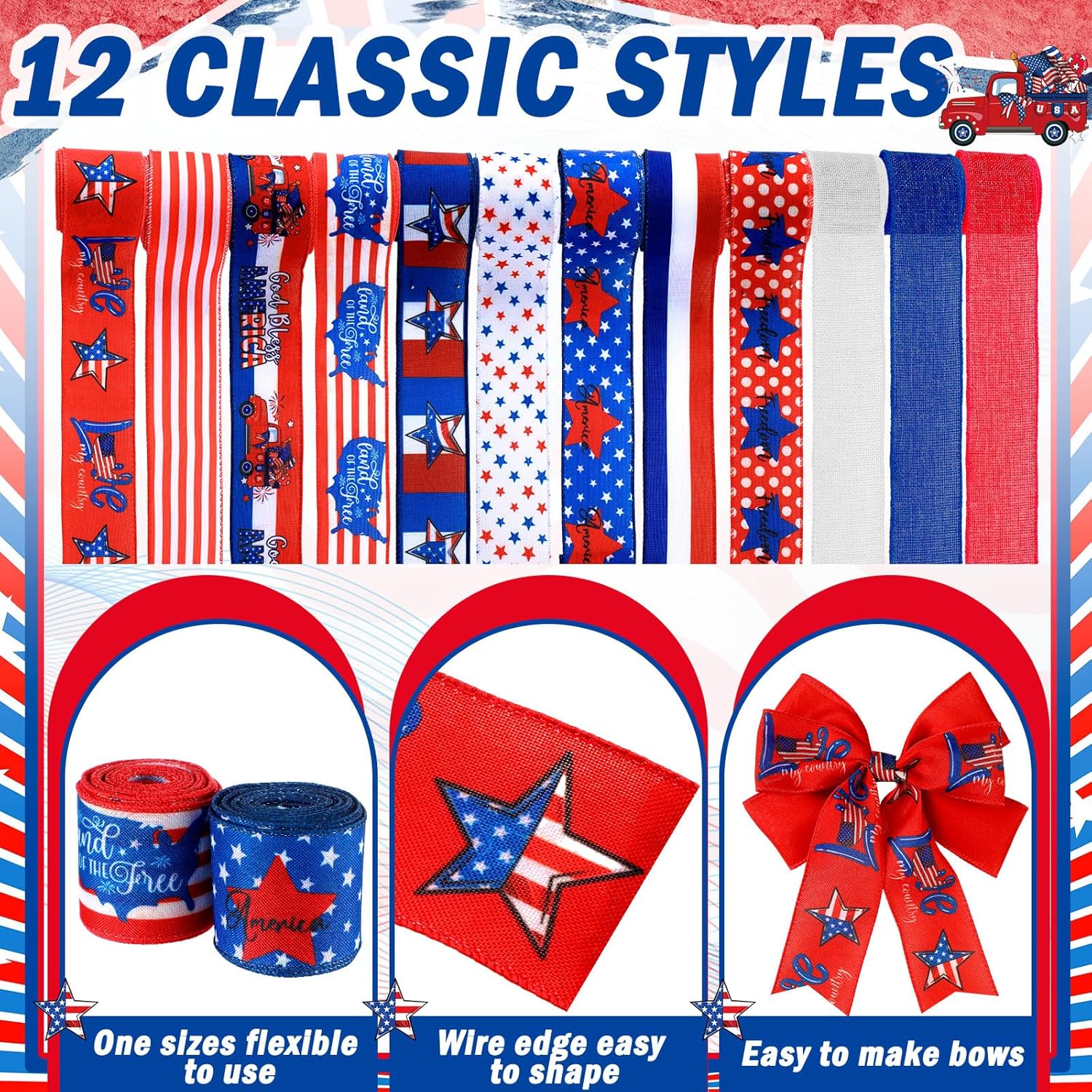 Skiennix Memorial Day Ribbon - 12 Rolls of 60 Yards Stars and Stripes Burlap Wired Edge | Patriotic Crafting