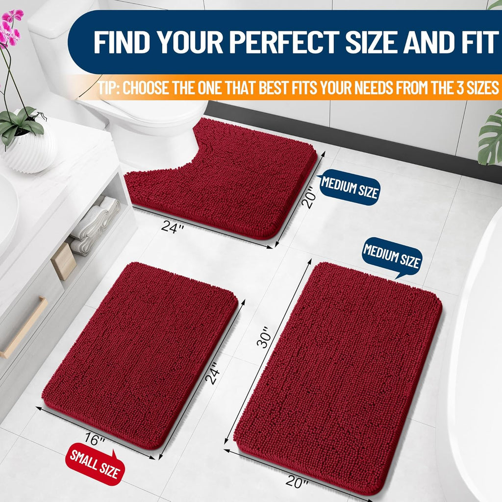 OLANLY Bath Rugs - Extra Soft Chenille, Quick-Dry Rubber Backing | 24x16 Red Machine Washable Mats