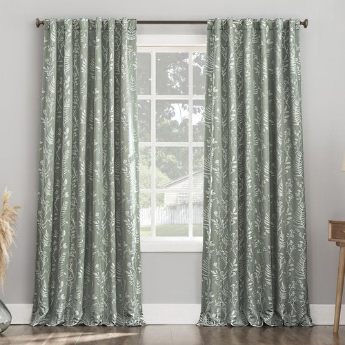 Sun Zero Ambridge 2-Pack Embroidered Botanical Leaf Pleated Look 100% Blackout Back Tab Curtain Panel Pair, 50" x 84", Sage Green